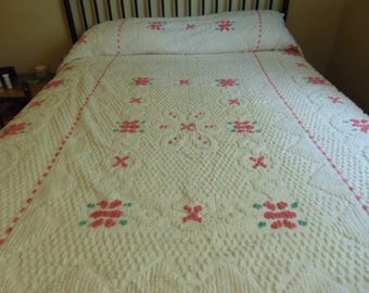 Vintage White Floral Cotton Chenille Bedspread with Pink and Green, Full / Double / Queen