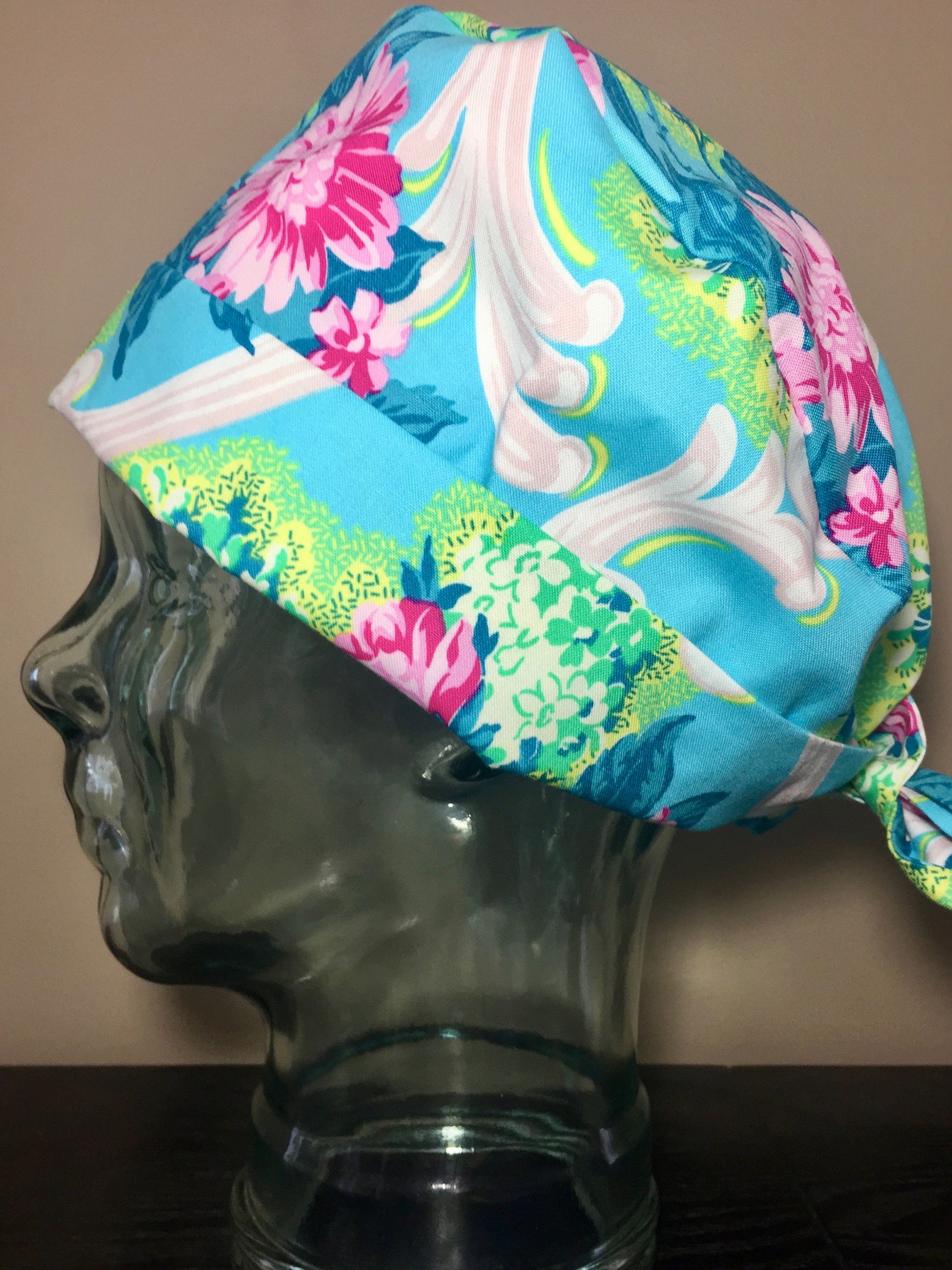 French Fuchsia Florals on Sky Blue Surgical Scrub Hat