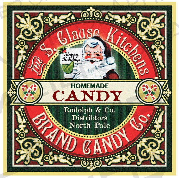Christmas Candy Label Tag Vintage Santa Claus Kitchens Brand