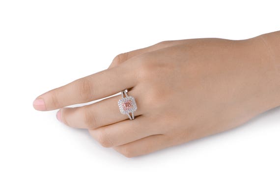 20% SALE Split Shank, Double Halo, Pink Diamond Ring, Engagement Ring, Anniversary Gift, Promise Ring, Fancy Pink Diamond, Cushion cut Ring