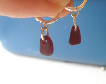 Rare Red Sea Glass- Genuine Red Sea glass earrings- small sterling silver hoops