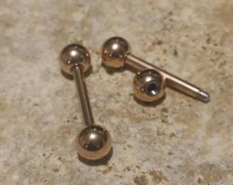 Rose Gold 14g Nipple Ring 1/2" 12mm 5mm Balls, Straight Barbells, Sold Single and Pairs