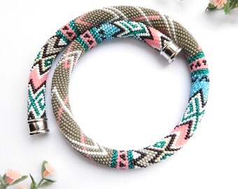 Anniversary gift\for\her Beaded necklace Womens jewelry Gray blue jewelry Elegant necklace Colorful Crochet necklace Birthday gift for women