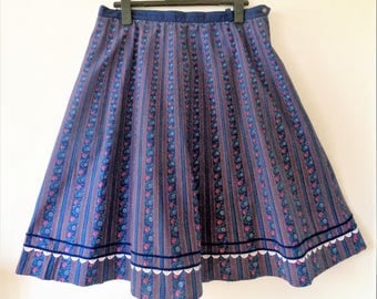Blue Floral Dirndl Skirt, Lace Velvet Trim, German Dirndl, Floral Print Dirndl, Octoberfest Clothing, Size EU 48/ US 18