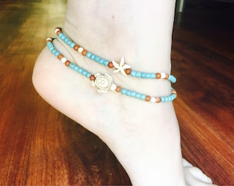 Blue turquoise anklet sea turtle anklet beach anklets blue ankle bracelet summer anklets sea turtle jewelry summer jewelry turquoise gifts