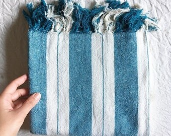 Turkish Linen Towel - Blue / green stripe