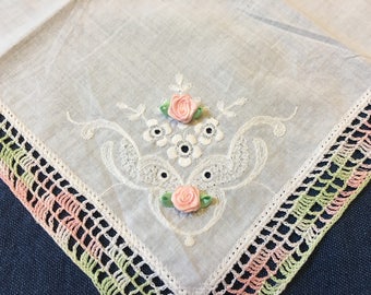 Flower Girl Handkerchief, FREE SHIPPING Vintage Hankie Gift Green Pink Hand Crocheted Border Rose Buds Bridal Party Gifts Wedding Hanky