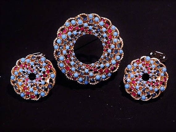 Sarah Coventry Rhinestone Brooch Clip On Earrings Mid Century 1960s 60s Demi Parure Song of India Vintage Designer Fashion Jewelry Set