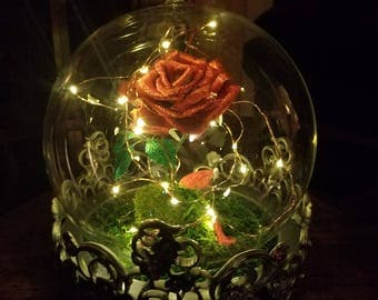 Beauty and the Beast Inspired Enchanted Domed Rose/LED Handmade Metallic Crepe Paper Rose/Fairy Lights Glass Cloche/Fairy Lamp/Apotechary