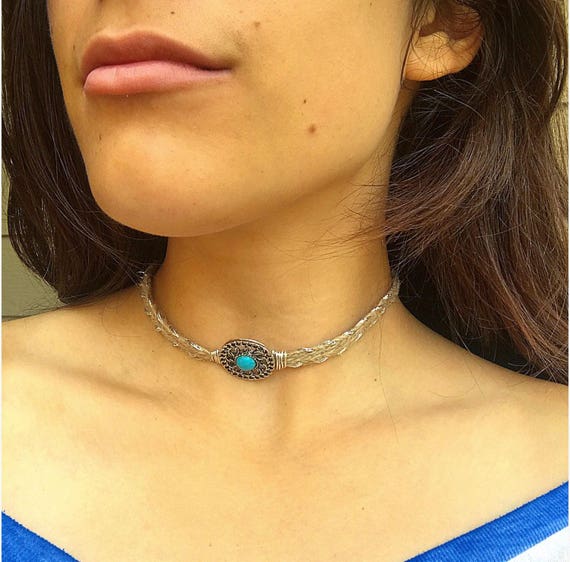 Southwestern Choker Necklace with Turquoise pendant / Handmade