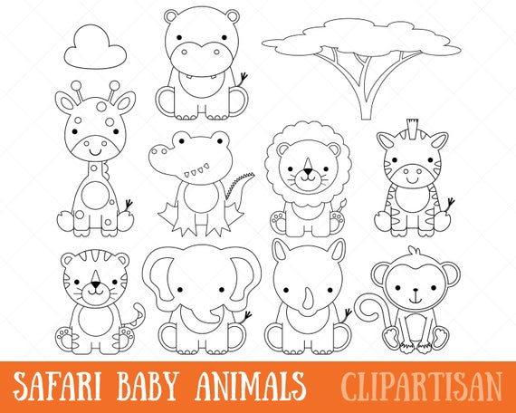 Safari Baby Animals Clipart / Digital Stamps / Coloring Page