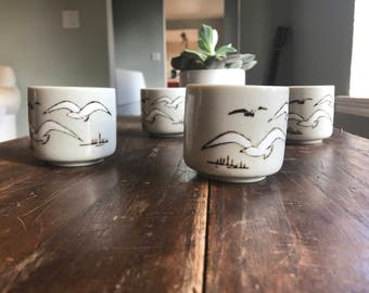 Vintage 70's Otagiri Japanese Seagull Stoneware Set of 4 Cups