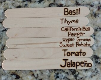 6 wood burned plant markers. Customized