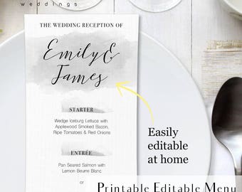 Gray watercolor printable menu, printable light gray wedding menu, watercolor menu card, steel wedding invitation, silver watercolor menu