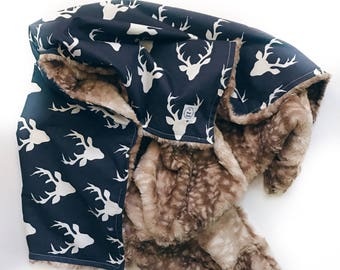 Deer Baby Blanket, Faux Fur Blanket, Woodland Baby Blanket, Rustic Baby Blanket, Navy, Rustic Crib Bedding, Stroller Blanket, Deer Crib