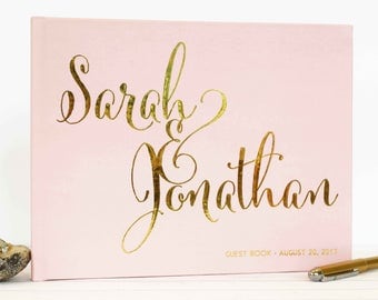 Real Gold Foil Wedding Guest Book landscape horizontal Gold foil Guest Books Custom Guestbook Modern Wedding Script Wedding - blush pink