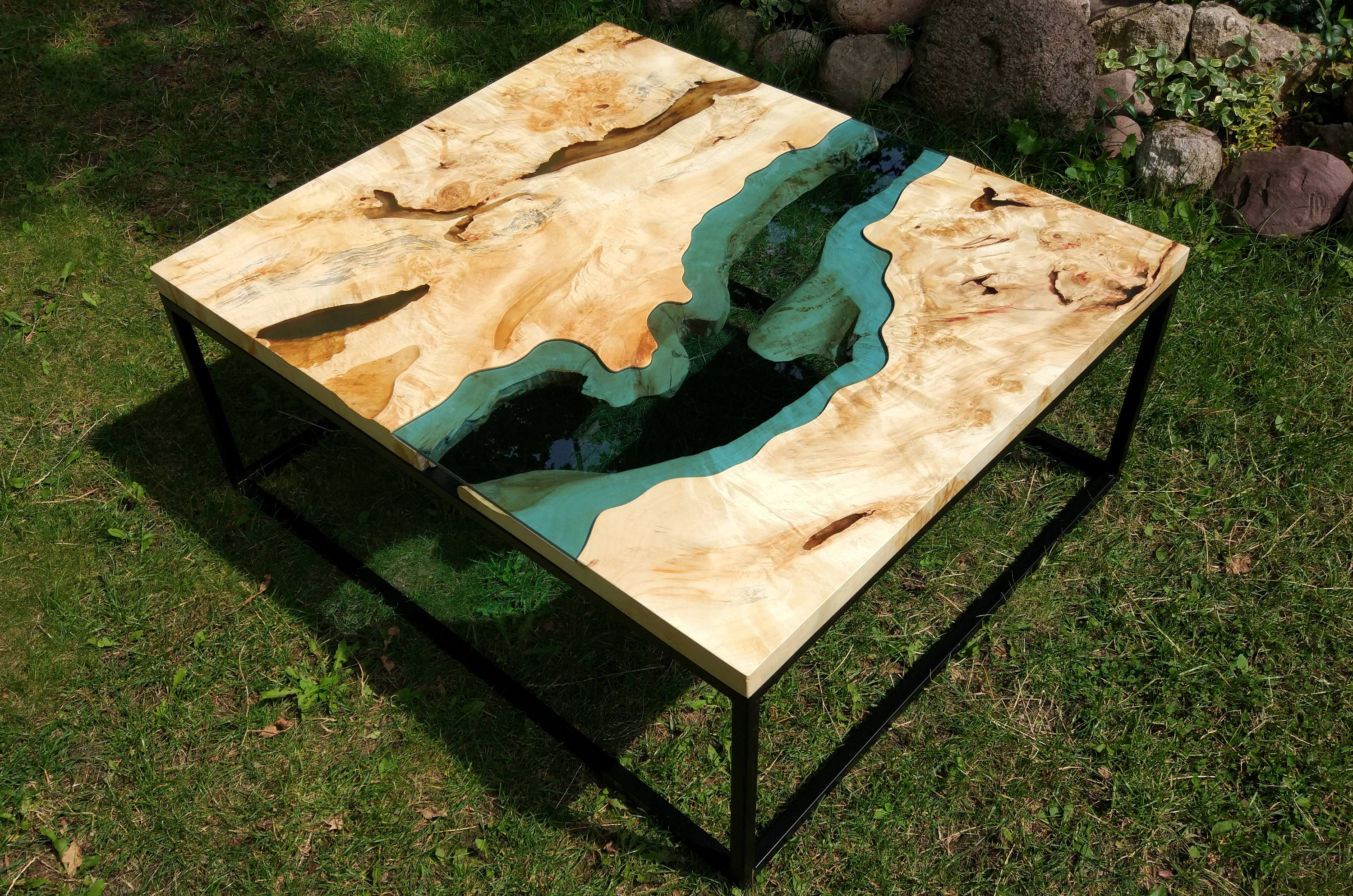 Live edge river coffee table with transparent epoxy inlay