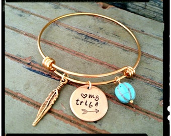 My Tribe - Golden - Stainless Steel Gold Bangle//Howlite Turquoise Bead//Feather Charm - Stacking Charm Bracelet//Hand Stamped Charm