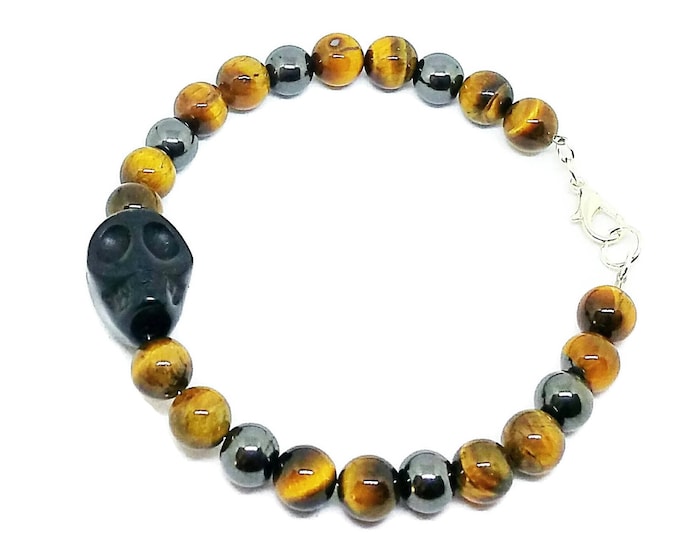 Tiger's Eye and Hematite Bracelet, Men's Gemstone Skull Bracelet, Unisex Bracelet, Chakra Bracelet, Black Jasper Carved Skull Bracelet