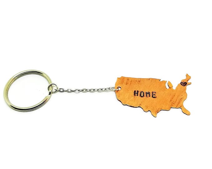Copper USA Keychain, Hand Stamped HOME Key Chain, United States Silhouette Keychain, Custom Stamped Key Chain