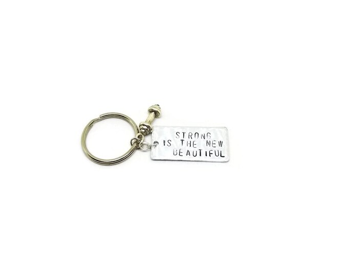 Strong is the New Beautiful Hand Stamped Key Chain, Crossfit Gift, Workout Gift, Fitness Gift, Dumbbell Charm, Gift for Her