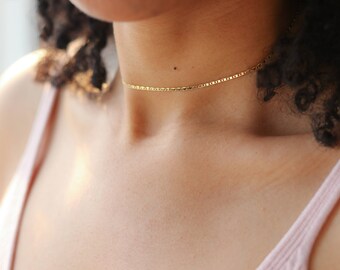 Dainty Gold Chain Choker - Gold Choker Necklace - Delicate Gold Bohemian Jewelry - Layering Necklace - Flat Mariner Chain Necklace