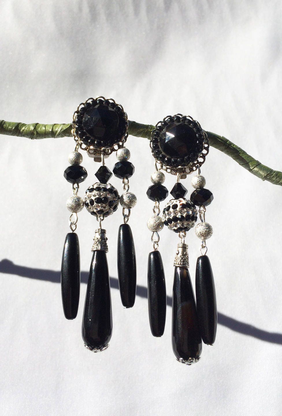 CLIPS on Earrings Black & silver Clips earrings Dangle drop
