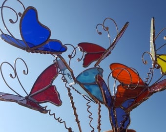 Butterfly stained glass garden stake custom handcrafted plant stake 3D yard art made to order