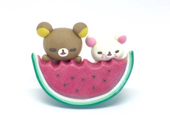 Adorable Kawaii Teddy Bears eating a slice of watermelon