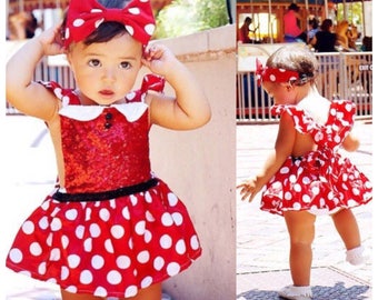 Disney Inspired Minnie Mouse Toddler Dress with Headband. Made with Sequins. Great Outfit for Birthday, Disney, Halloween Costume.