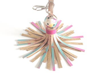 Leather Tassel Keychain, keyring, bag charm - hand painted combined with metallic leather.