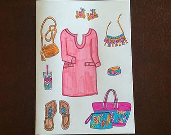 Lily Pulitzer Inspired Note Cards/Lily Pulitzer Inspired Stationary/FASHION ILLUSTRATION/Hand Drawn Cards/All Occasion Cards/Greeting Cards