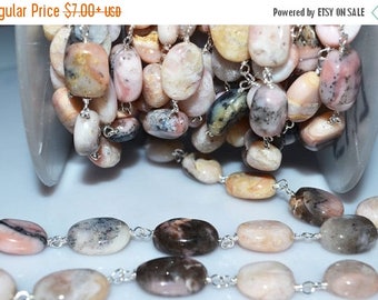 50% OFF Beautiful Pink Opal Rosary Beaded Chain-Pink Opal Smooth Silver Wire Wrapped Beaded Chain , 13-16 mm -RB5137