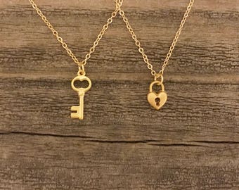 Matte gold lock and key necklace best friends necklace