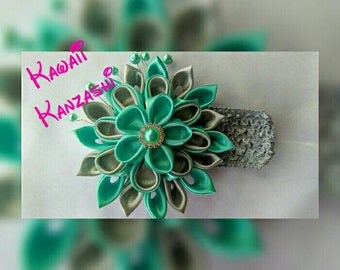 Mint and Grey Kanzashi Flower Headband or Hair clip your choice