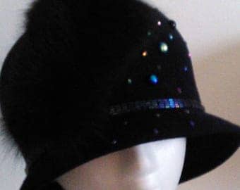 Navy Blue wool Bowler Derby hat,Faux fur hat,Church hat,Wedding hat,Formal hat