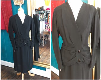 1940s Black Crepe Dress W35" XL