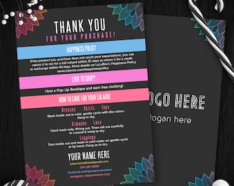 Lula Thank You Cards, Free Fast Personalization, Home Office Approved, Happiness Policy, LLR Return Policy, Care Card, For Fashion Retailer