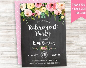 Retirement PARTY Invitation Invite Chalkboard Floral Watercolor Digital Flowers 5x7 Personalized