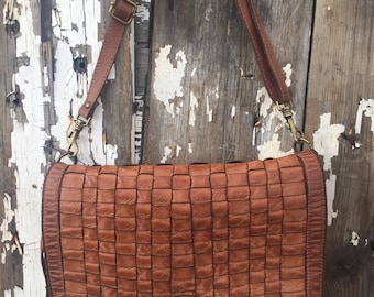 Camel Woven Italian Leather Crossbody Bag