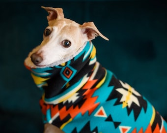 Ready to Ship: MEDIUM Southwest Turquoise Double-lined Fleece Dog Sweater. Greyhound Coat. Italian Greyhound Dog Clothing. Dog Apparel