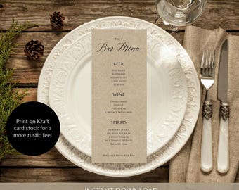 Printable Table Bar Menu Template, Rustic Editable Drinks Menu, Instatn Download PDF, Wedding Bar Menu Sign WLP406