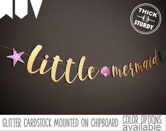 little mermaid banner, mermaid baby shower, mermaid birthday, under the sea party, glitter banners, cursive banner