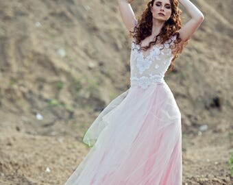 Pink light evening gown, fairy dress, lace tulle long dress, handmade designer dress, bodice and skirt, fairy style princess dress, nude