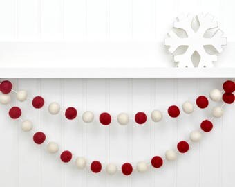 Rustic Christmas Decorations, Red and White Christmas Garland, Red and Cream Holiday Decor, Felt Ball Garland, Tree Decorations, Pom Pom Gar