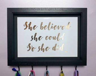 She Believed She Could, Medal Hanger Frame, Medal Holder, Motivational Gift, Foil Print, Running Gift, Sport Gift, Race Bling