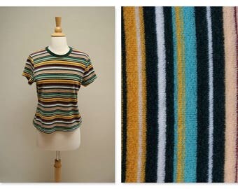Vintage 70s Velour Shirt ⎮ 1970s Skater Top ⎮ Vintage Striped Grunge Shirt