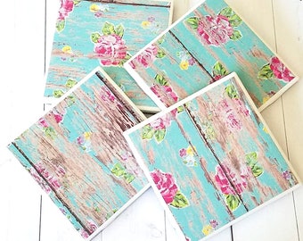 Distressed Wood Coasters - Drink Coasters - Distressed Rose Coasters - Ceramic Coasters - Ceramic Tile Coasters - Distressed Coasters