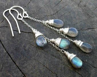 Gemstone Earrings Sterling Silver Labradorite Earrings, Bridal Earrings Long Dangle Earrings, Labradorite Jewelry Anniversary Gift for Women