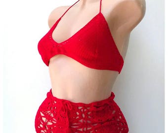 Retro bikini, High waist bikini, Crochet bikini, Bathing suit, High waisted swimsuit, Boho bikini, Red bikini, Brazilian bikini,